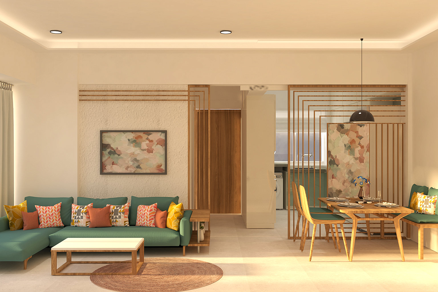 Open plan living and dining area with teal sectional, wooden partition, and contemporary decor