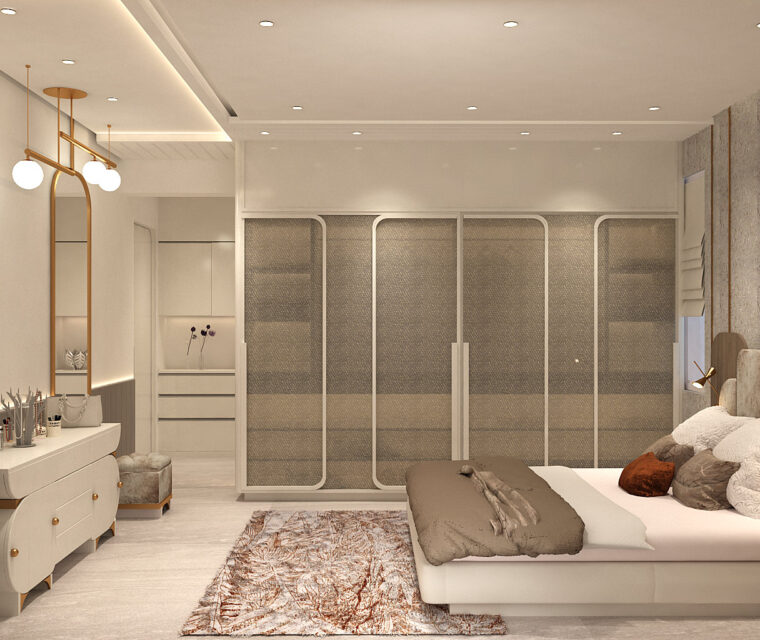 Bedroom featuring floating shelf, indoor plant decor, and world map panel artwork