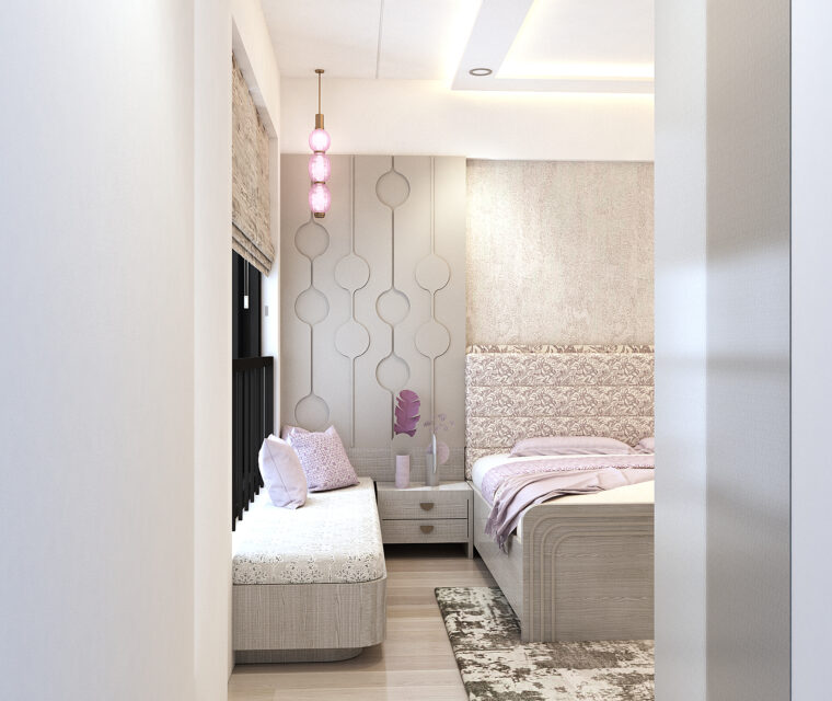 Spacious master bedroom with trendy false ceiling and pastel decor