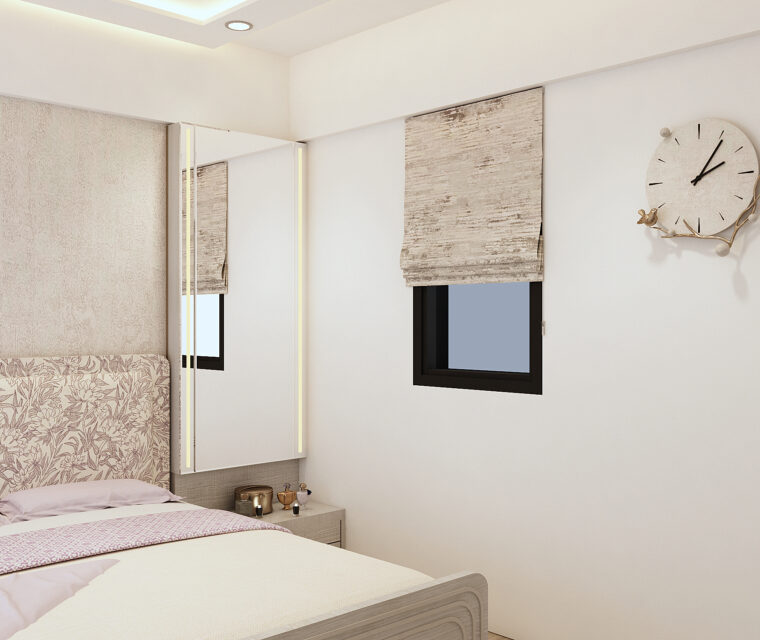 Minimal bedroom interior with mirrored wardrobe and wall clock