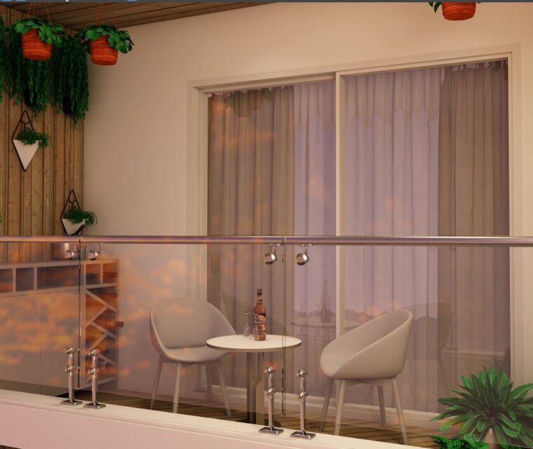 balcony sitting space with garden wall, designer chairs, table setup, and soft evening lighting