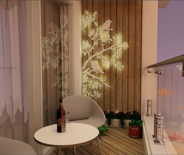 designer balcony with rattan swing chair, glass railing, wall cladding, and greenery for urban outdoor relaxation