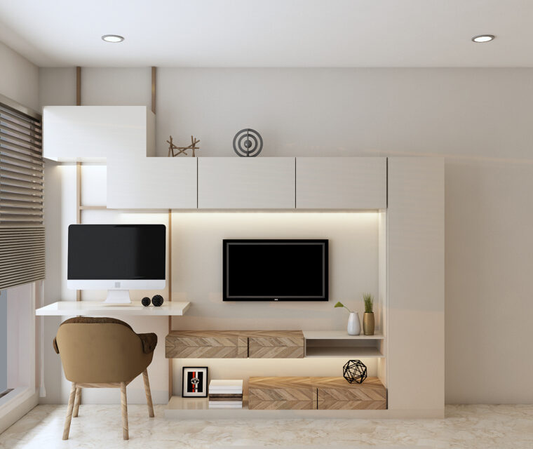 Living area wall-mounted TV unit with modular storage and minimalist decor