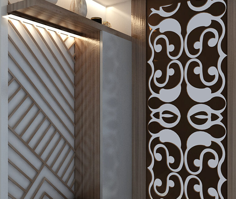 Entrance area shoe cabinet with modern white and wooden finish in apartment interior
