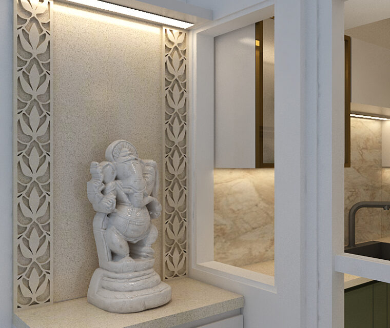 Modern home mandir design with marble Ganesh idol and decorative panel in contemporary Indian interior