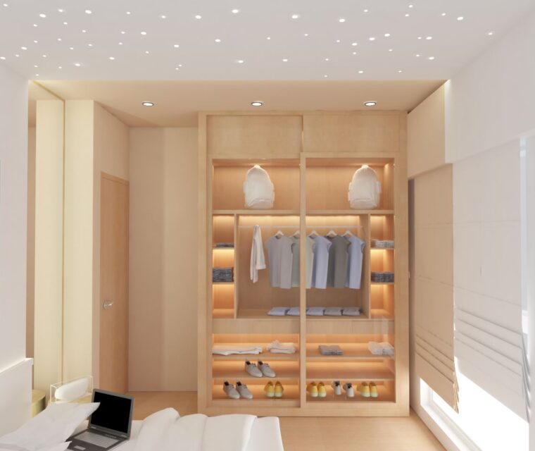 Minimalist kids bedroom wardrobe with open wooden shelves and ambient wardrobe lighting