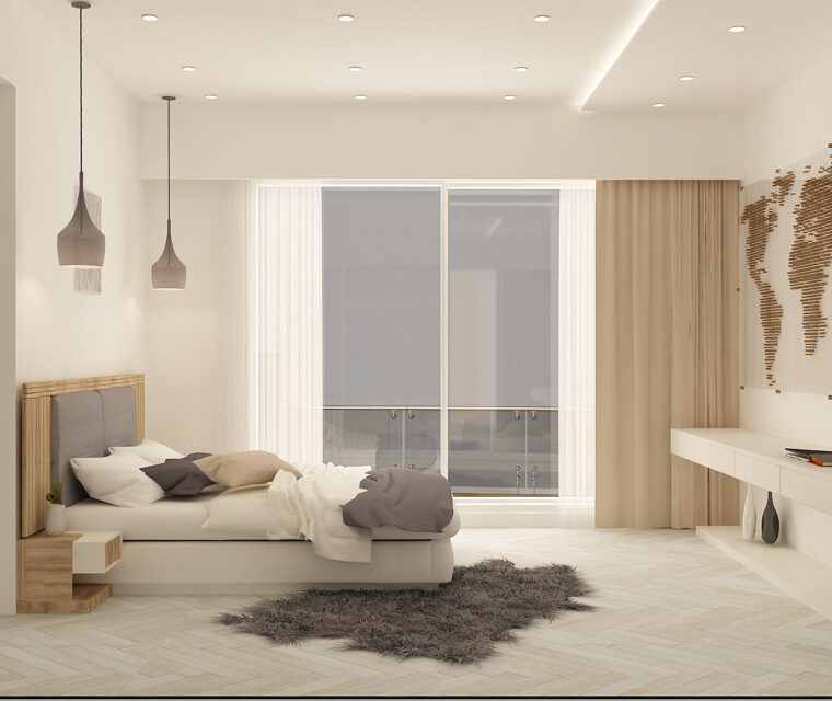 Elegant modern bedroom design, accent lighting, wooden flooring, and cozy ambiance