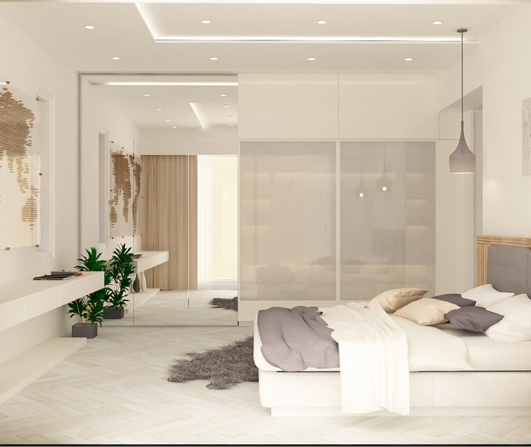 Contemporary bedroom workspace with accent storage shelves and elegant desk